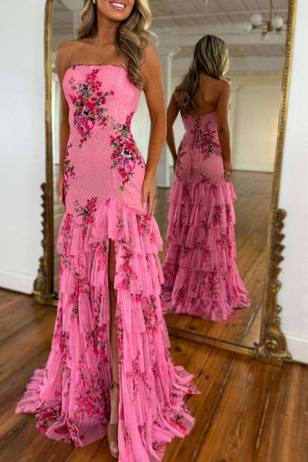 Strapless Beaded Floral Print Tiered Tulle Mermaid Evening Dress