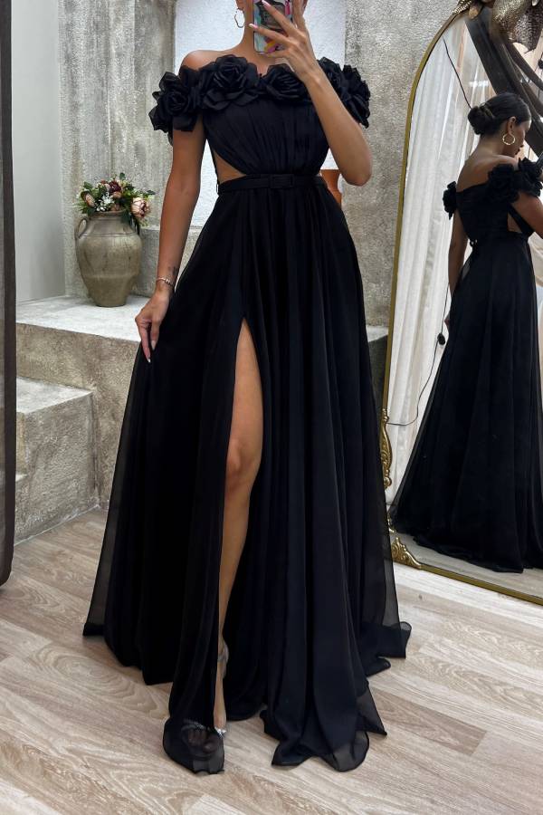 Strapless Chest Rose Waist Detail Design Evening Dress