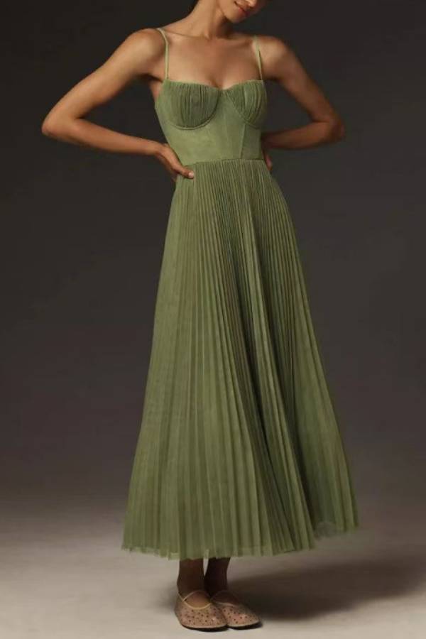 Spaghetti strap bra-style pleated long dress