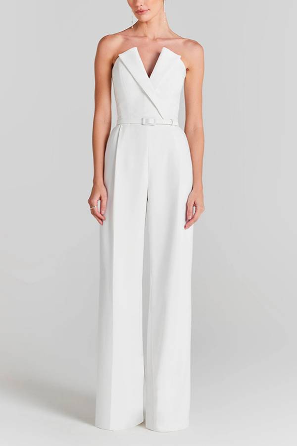 V Neck Strapless Pocketed Wide Leg Jumpsuit