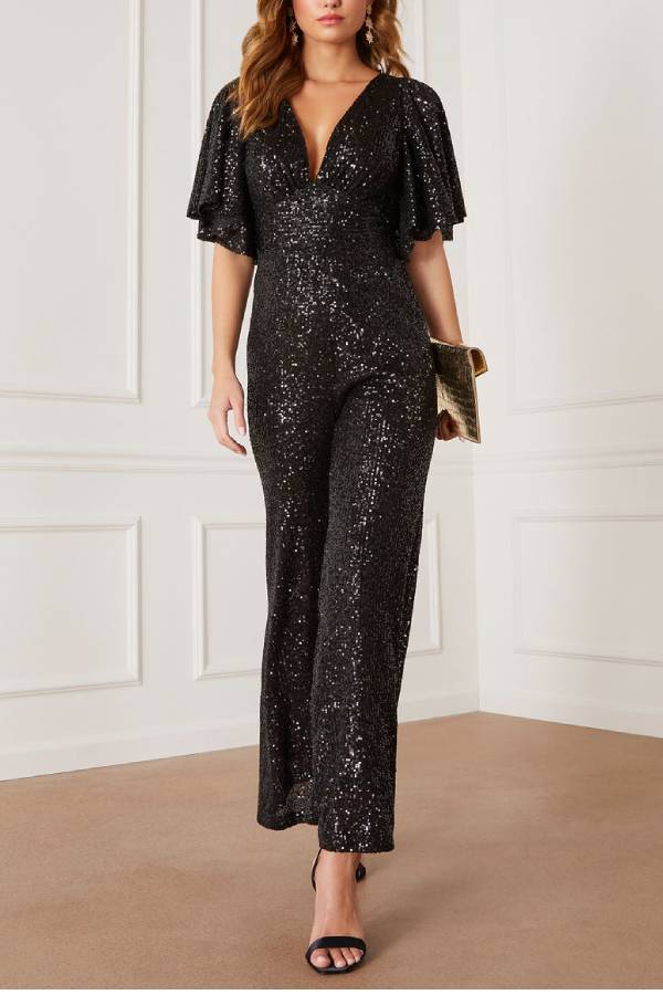 Trophy Wife Sequin Bell Sleeve Flare Stretch Jumpsuit