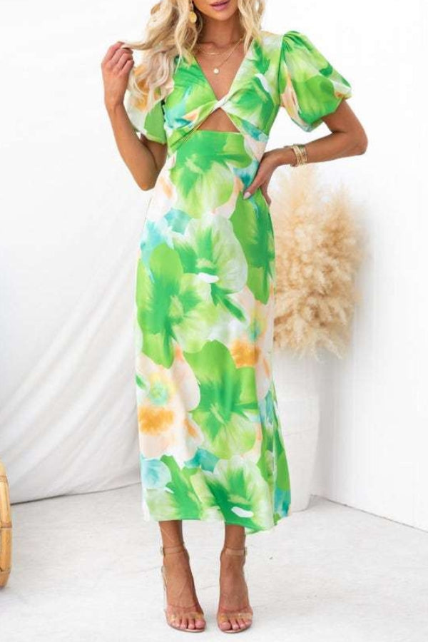 Sophia Floral Print Satin Puff Sleeve Twist Bust Cutout Midi Dress
