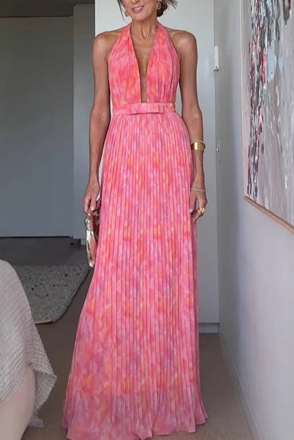 Unique Print Sexy Halter Neck Tie Pleated Vacation Maxi Dress