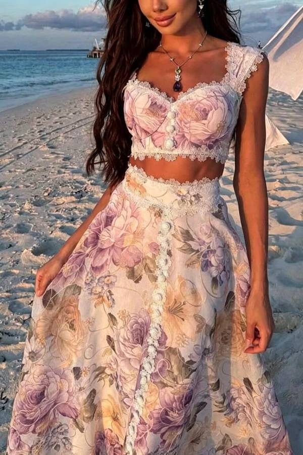 Romantic and Beautiful Floral Print Lace Trim Sweetheart Neck Tank and High Rise Maxi Skirt Set