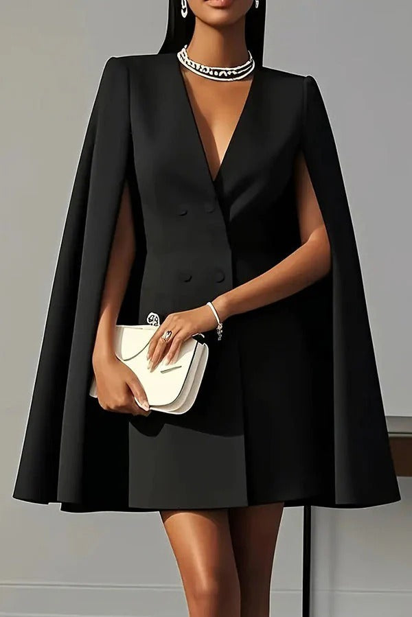 Solid Color V-Neck Double Breasted Cape Formal Mini Dress
