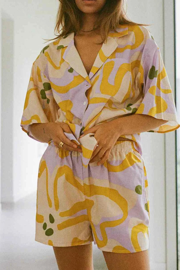 Abstract Flower Print Two -piece Suit