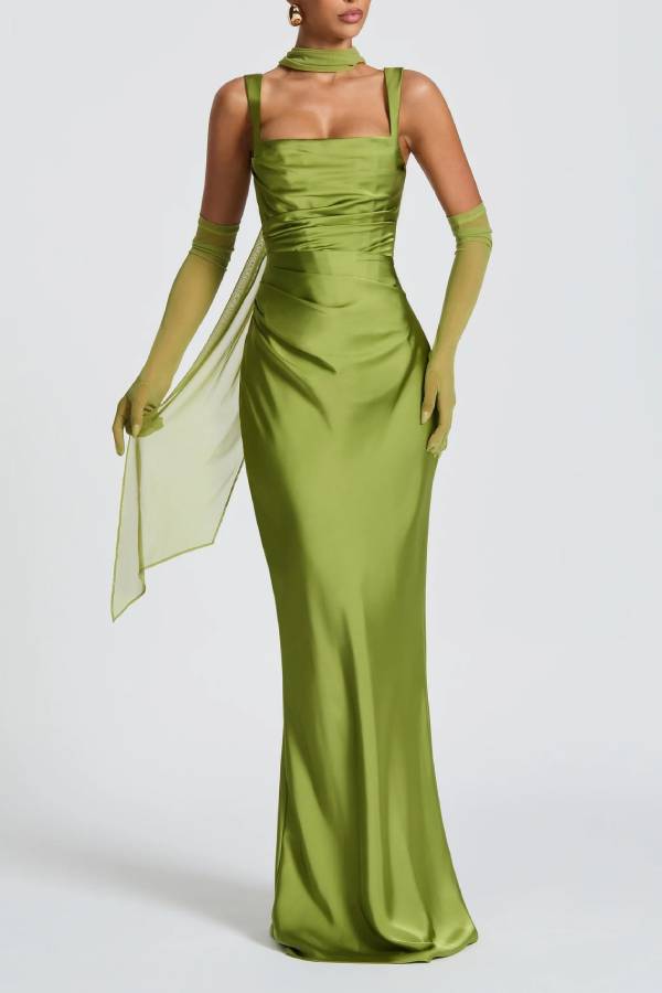 Halter Square Neck Ruched Satin Mermaid Maxi Evening Gown