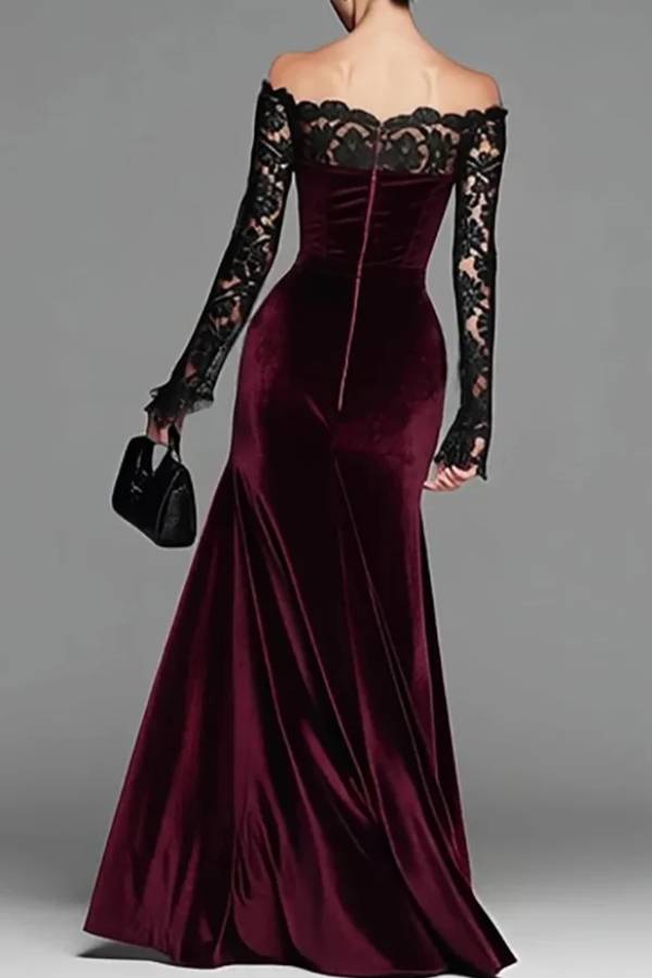Burgundy Velvet Lace Sleeves Off Shoulder Mermaid Gown Maxi Dress