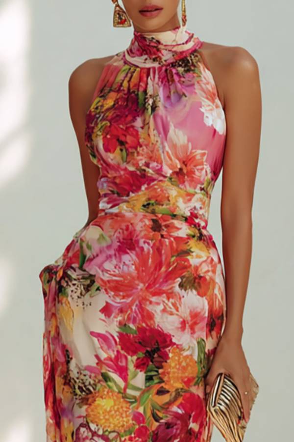 Floral Oil Painting Print Halter-Neck Maxi Dress