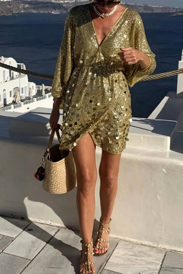 Golden Vacation Irregular Sequins V-neck Long Sleeve Wrap Mini Dress