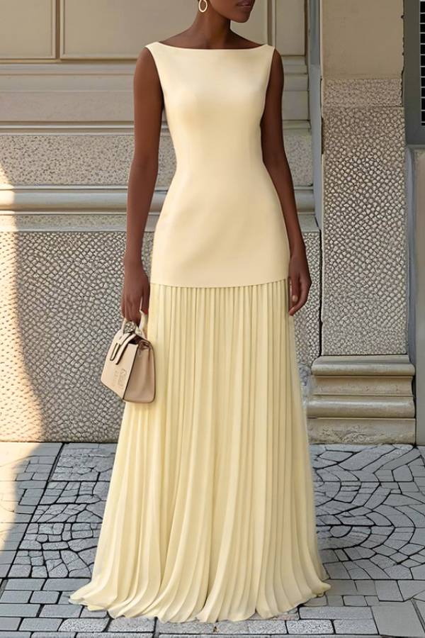 Boat-Neck Sleeveless Pleated Maxi Dress