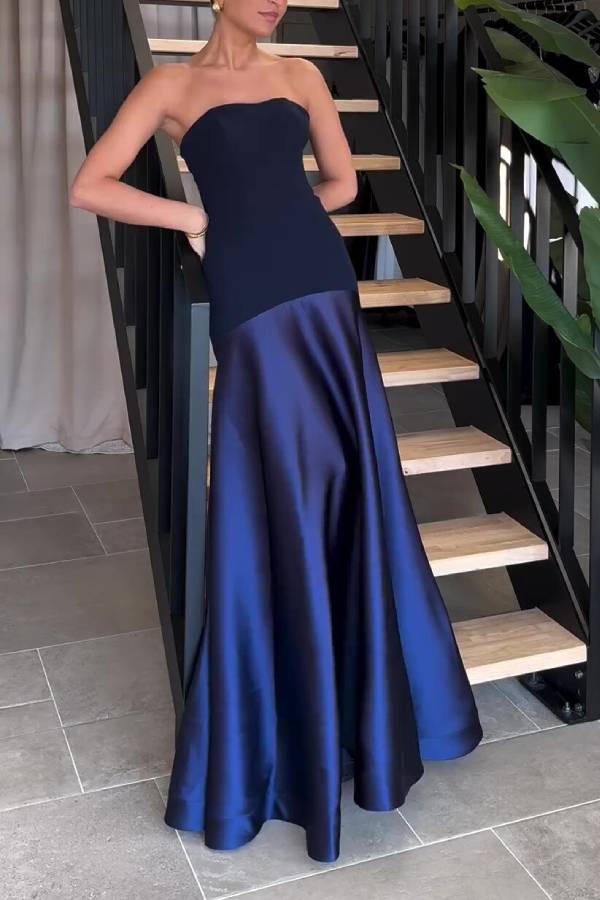 TIMELESS ELEGANCE SATIN PATCHWORK STRAPLESS FLARE GOWN MAXI DRESS