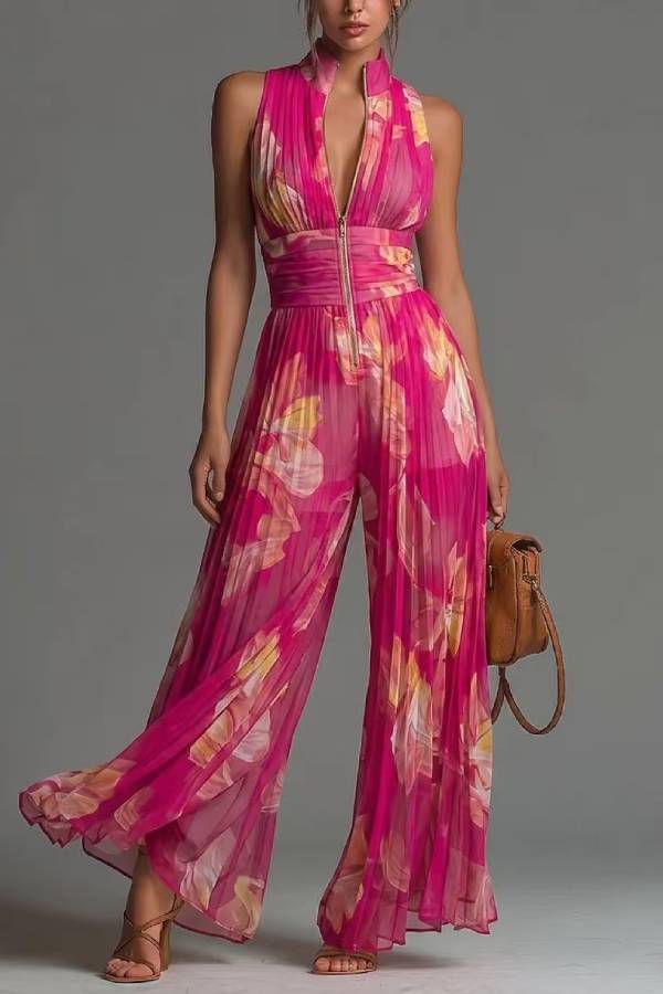 Stand Collar Pleated High Waist Wide Leg Jumpsuit