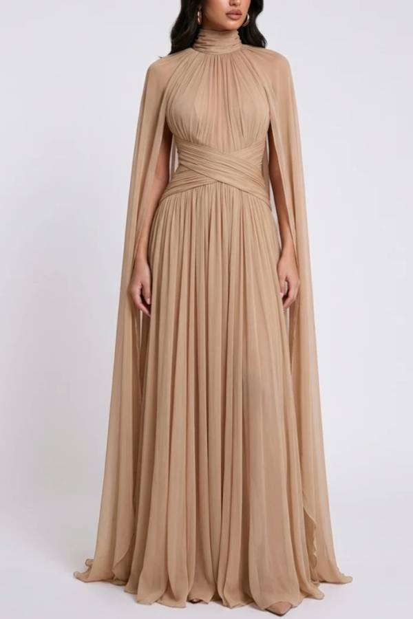 High Neck Pleated Cape Sleeve Chiffon Maxi Evening Dress