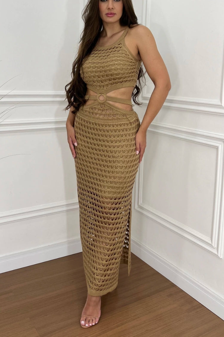 Stunning Gaze Knit Texture Ring Side Waist Cutout Stretch Maxi Dress