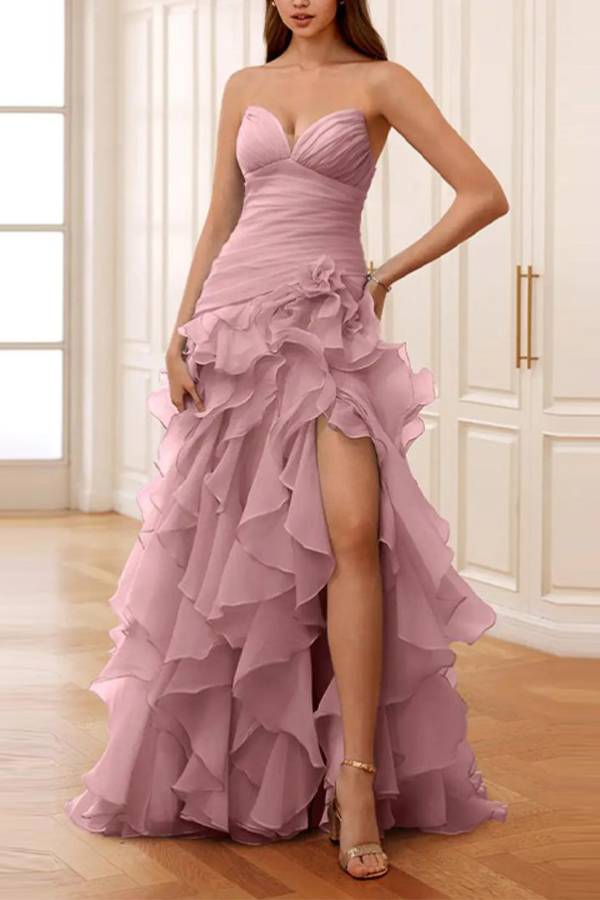 Strapless Ruched 3D Rose Tiered Ruffle Slit Chiffon Evening Gown