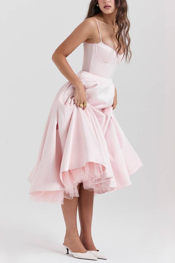 Lace Trim Corset Satin Midi Swing Dress