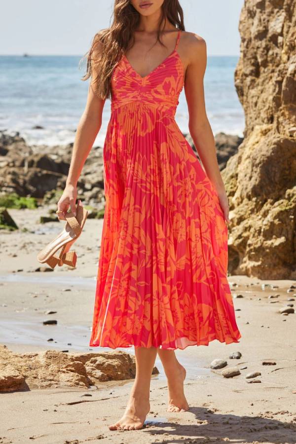 Watercolor Floral V-Neck Spaghetti Strap Pleated Midi Dress