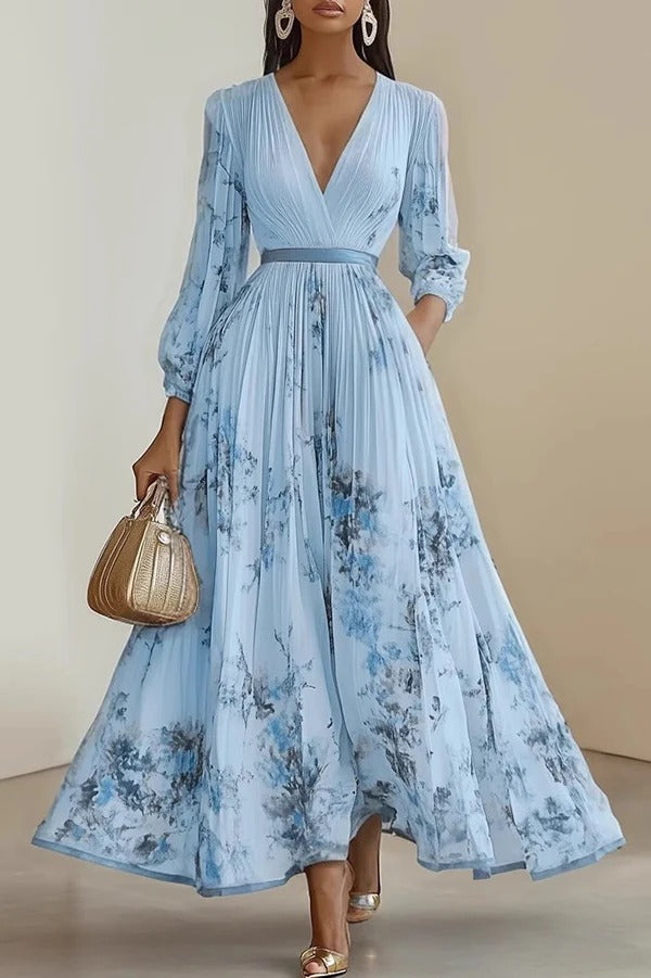 Unique Printed V-Neck Long Sleeve Bow Tie Waist Holiday Maxi Dress