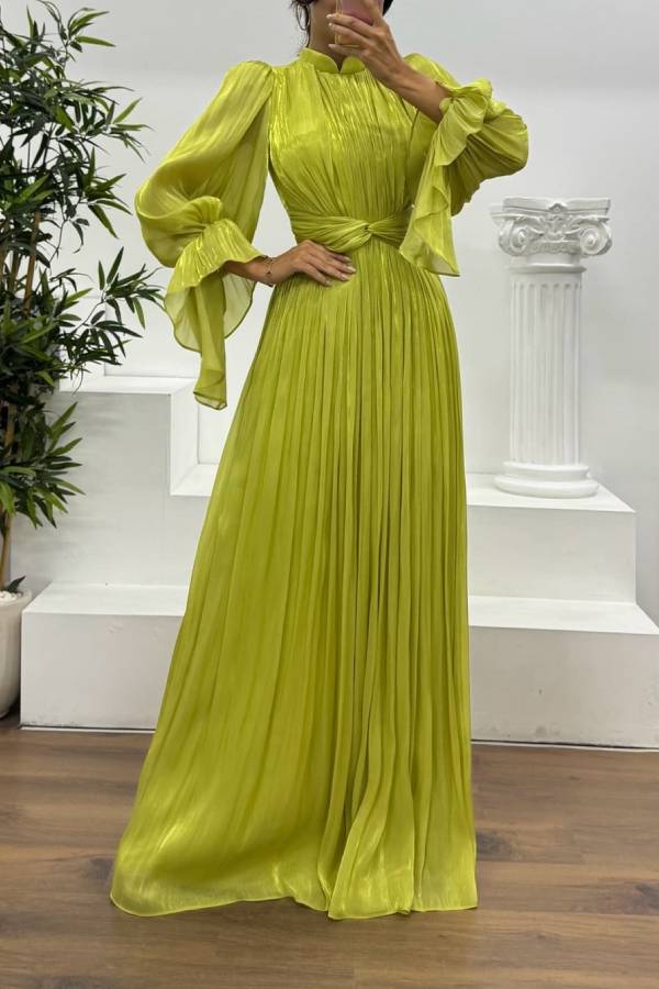 High‑Neck Puff Long Sleeve Twist Waist Shiny Pleated Maxi Gown