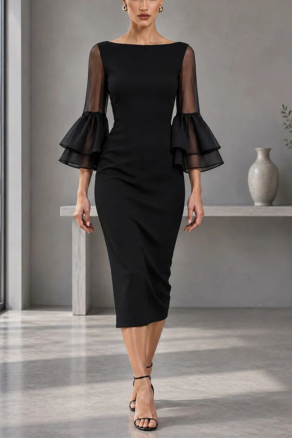 Formal Boat Neck Sheer Double Layer Bell Sleeve Bodycon Midi Dress