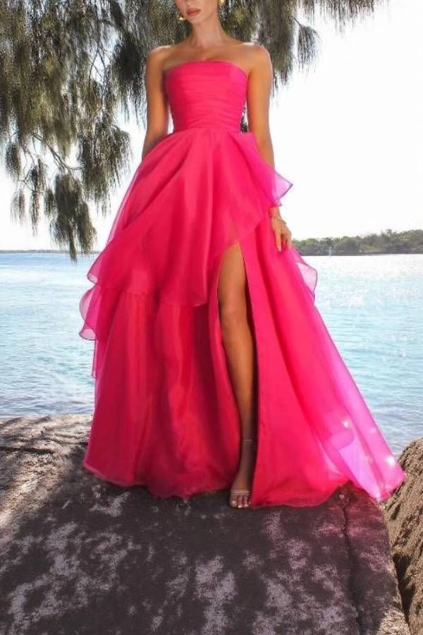 Tube Top Front Slit Multi-layer Maxi Dress