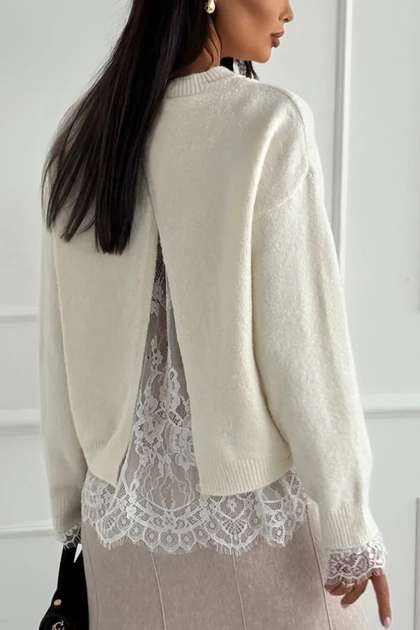 Caitlin Knit Lace Trim Patchwork Long Sleeve Back Slit Relaxed Sweater