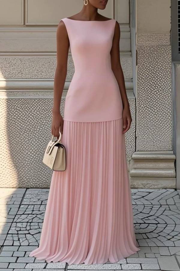 Boat-Neck Sleeveless Pleated Maxi Dress