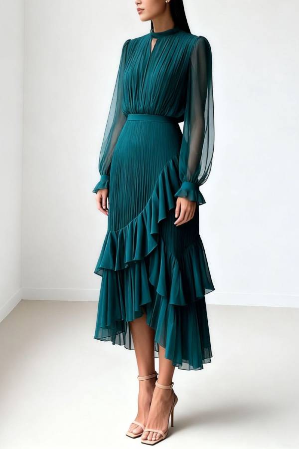 Mock Neck Cut‑Out Pleated Ruffle Long‑Sleeve Midi Dress