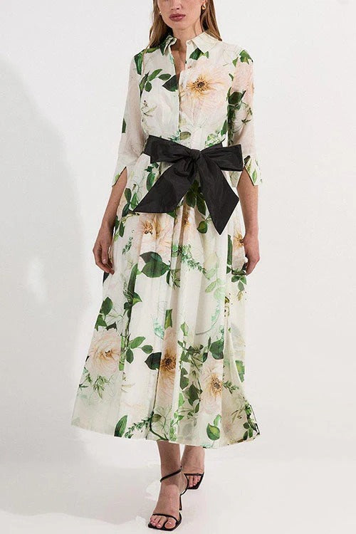 3/4 Sleeves Button Up Wild Rose Print Shirt Maxi Dress