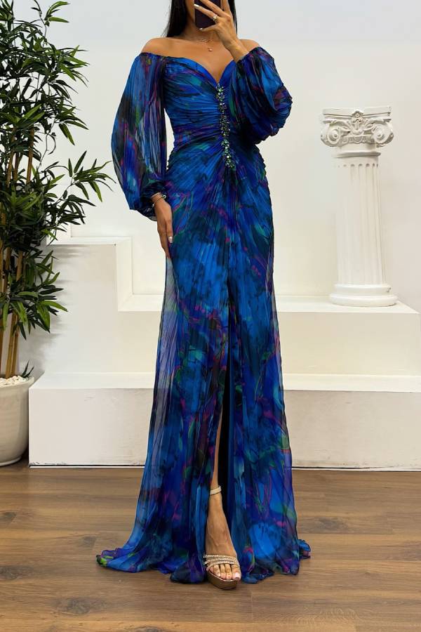 Sunset Serenade Printed Off Shoulder Diamond Embellished Pleated Slit Maxi Dress