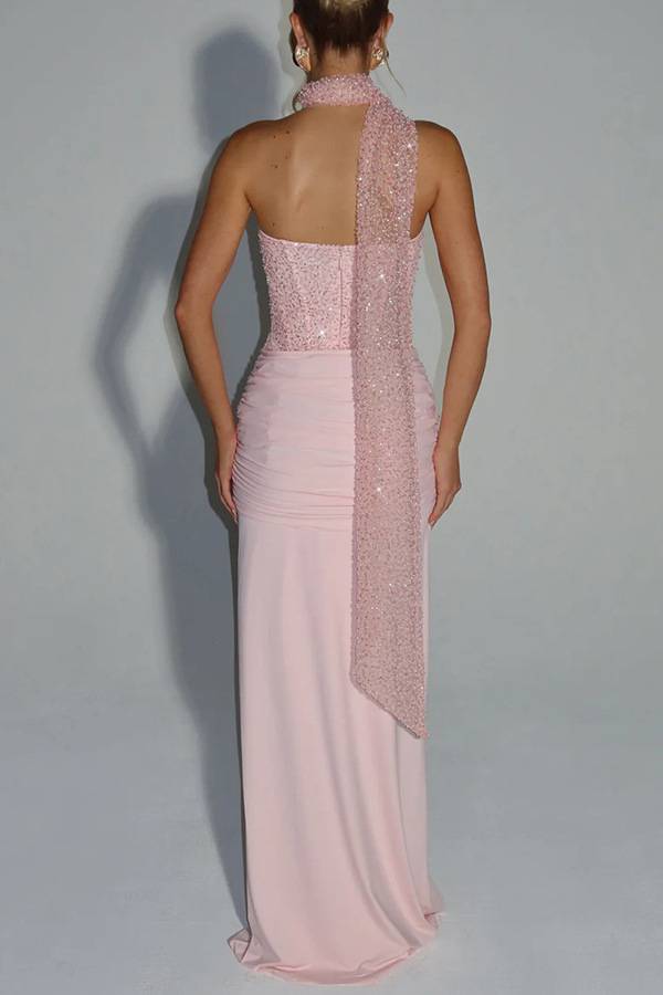 Strapless Beaded Ruched Evening Gown