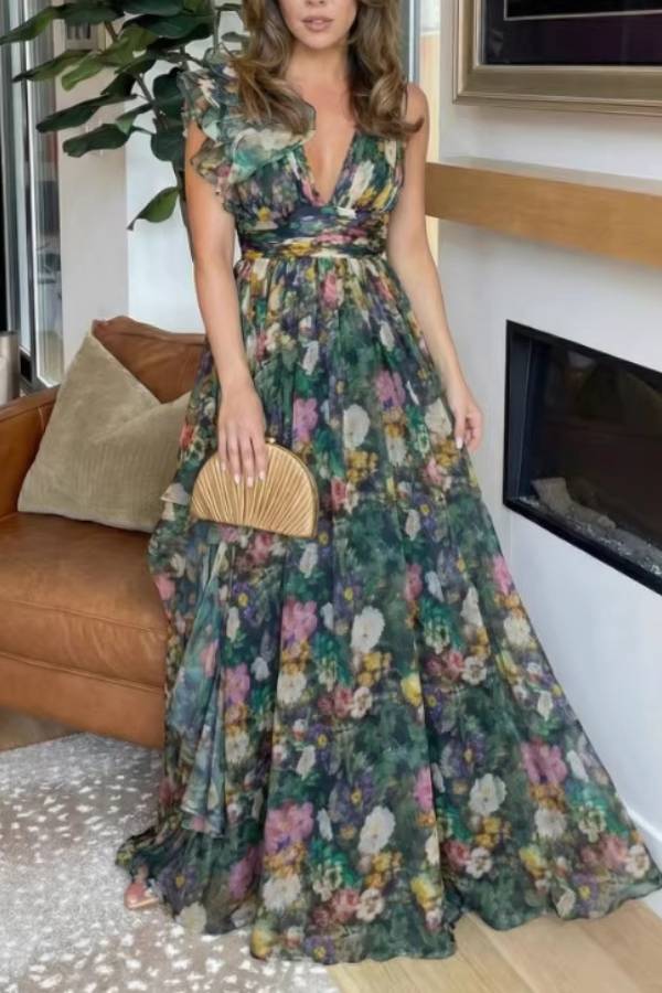 Emerald Floral Print One-Shoulder Ruffle Backless Maxi Evening Dress