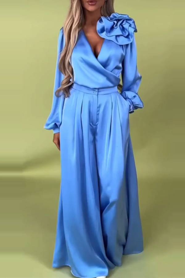 3D floral satin wide-leg pants suit
