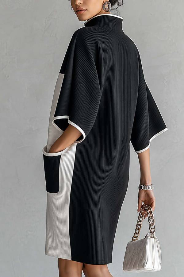 Black and white color-block midi dress with batwing sleeves