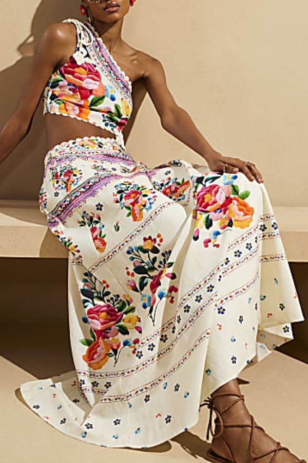 Sun Kissed Printed Crochet Flowers Trim One Shoulder Cut Out Maxi Dress