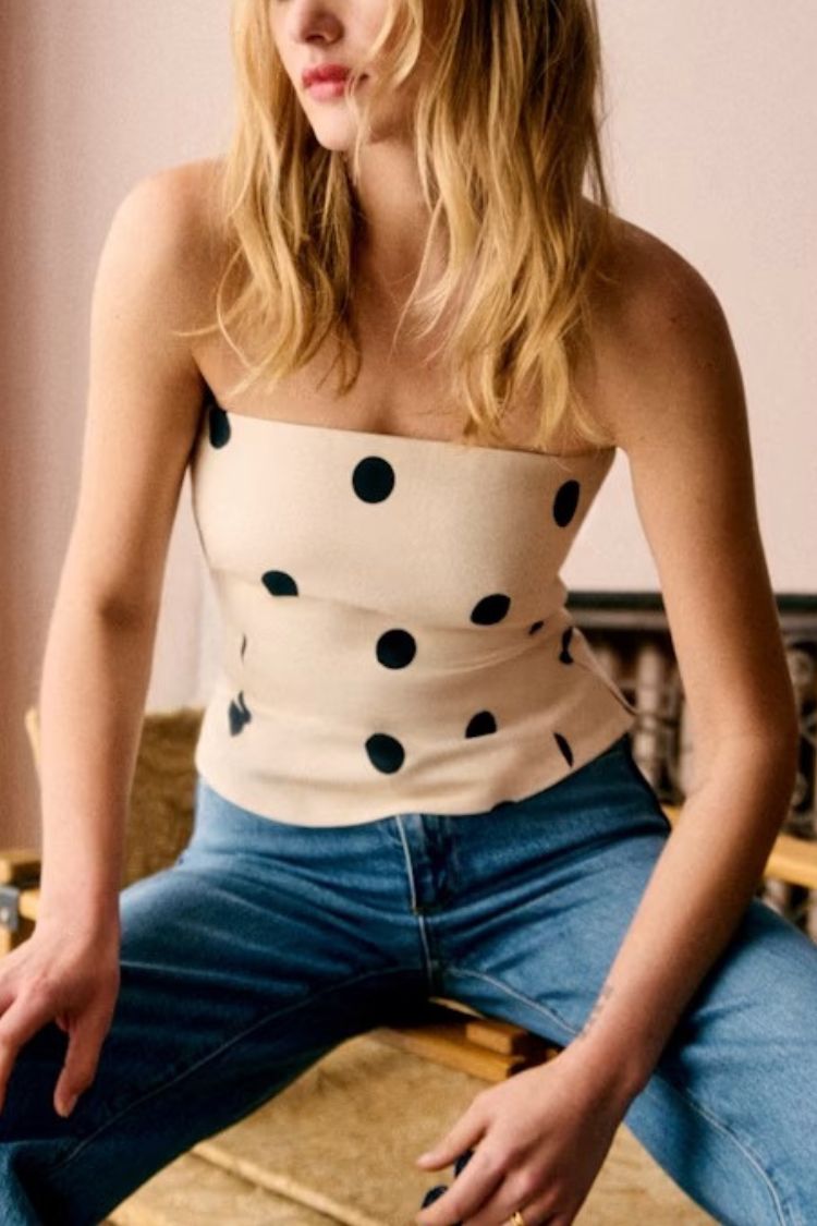 Adriel Linen Blend Polka Dot Print Back Smocked Strapless Top