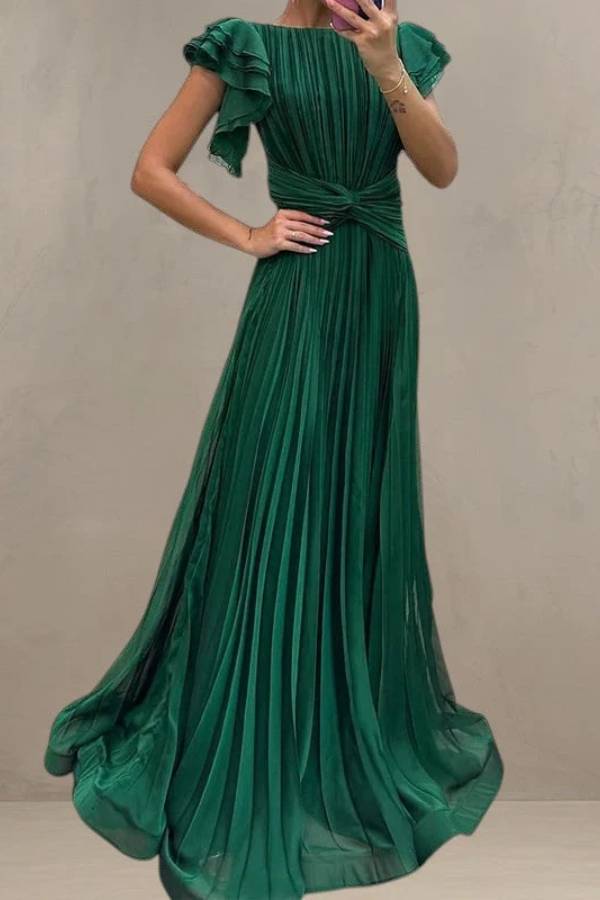 Square Neck Ruffle Sleeve Twist Waist Pleated Tulle Maxi Formal Dress