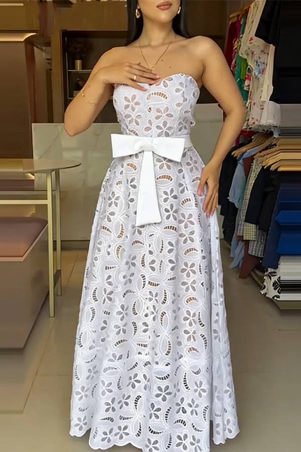 White Hollow-Out Strapless Waist-Cinched Long Dress