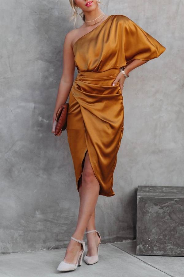 One-Shoulder Satin Ruched Slit Midi Dress