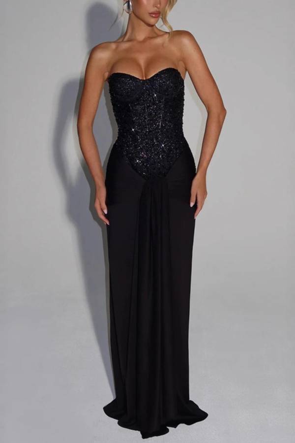 Strapless Beaded Ruched Evening Gown