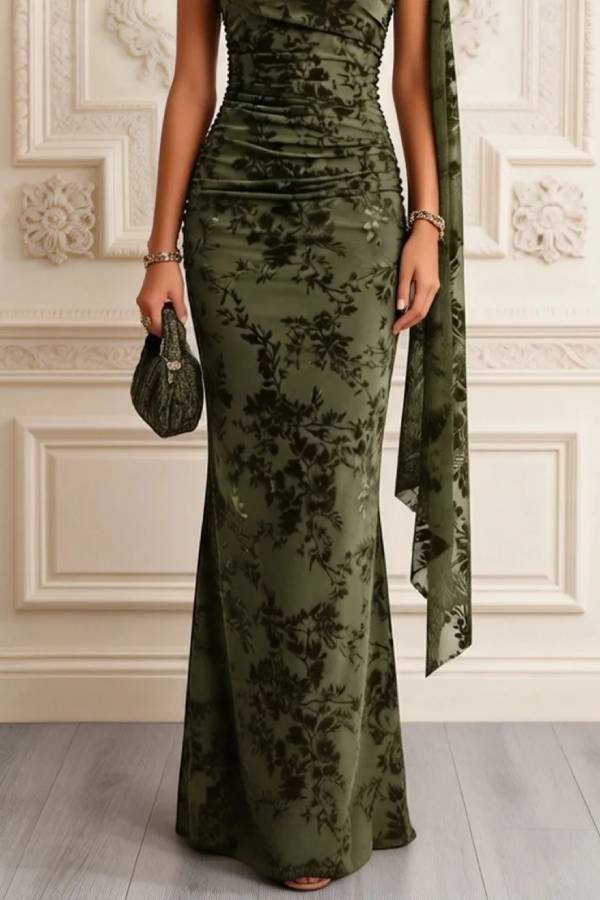 Olive Green Floral Print Asymmetrical Off Shoulder Mermaid Maxi Dress
