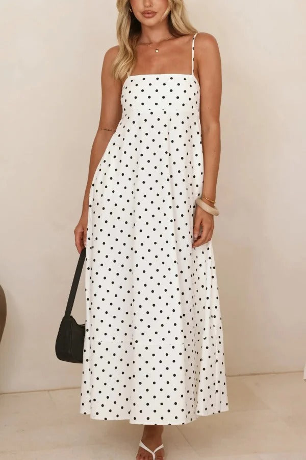 Polka Dot Print Square Neck Suspender Casual Pocket Maxi Dress