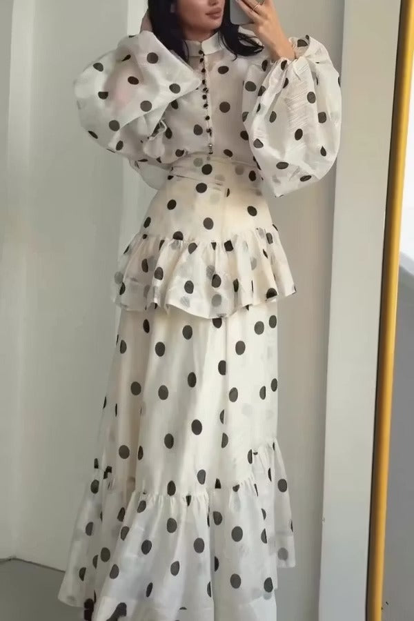 Stylish Polka Dot Print Stand Collar Long Sleeve Elegant Ruffle Maxi Dress