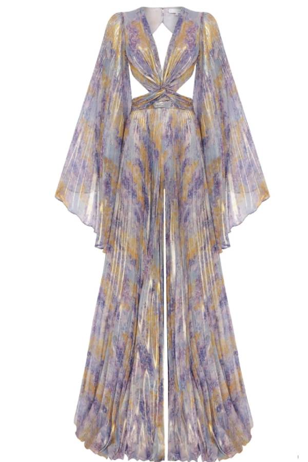 Pleated Chiffon Open-angle Sleeve Jumpsuit, Cut-out Waist