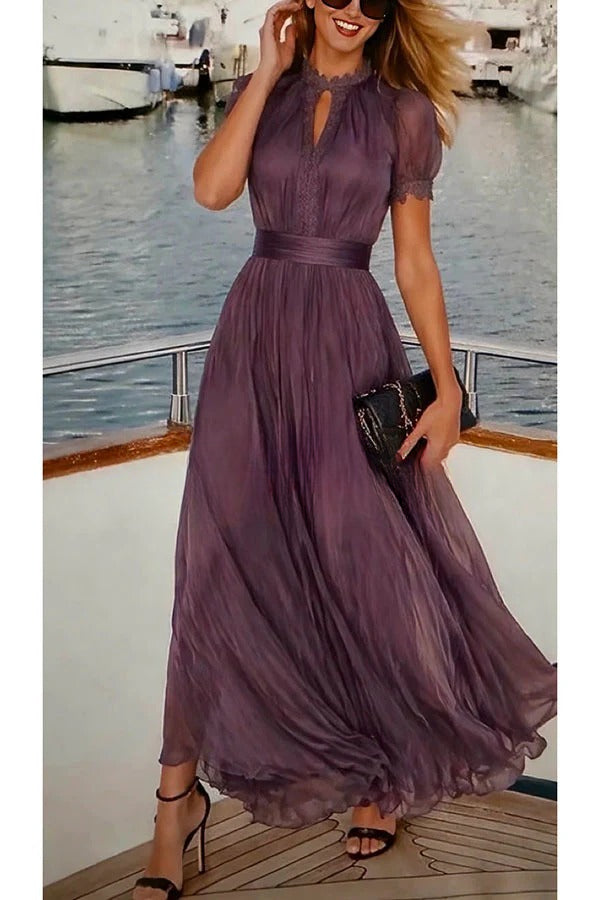 Lamberty Chiffon Lace Trim Cutout Neck Puff Sleeve Elastic Waist Maxi Dress