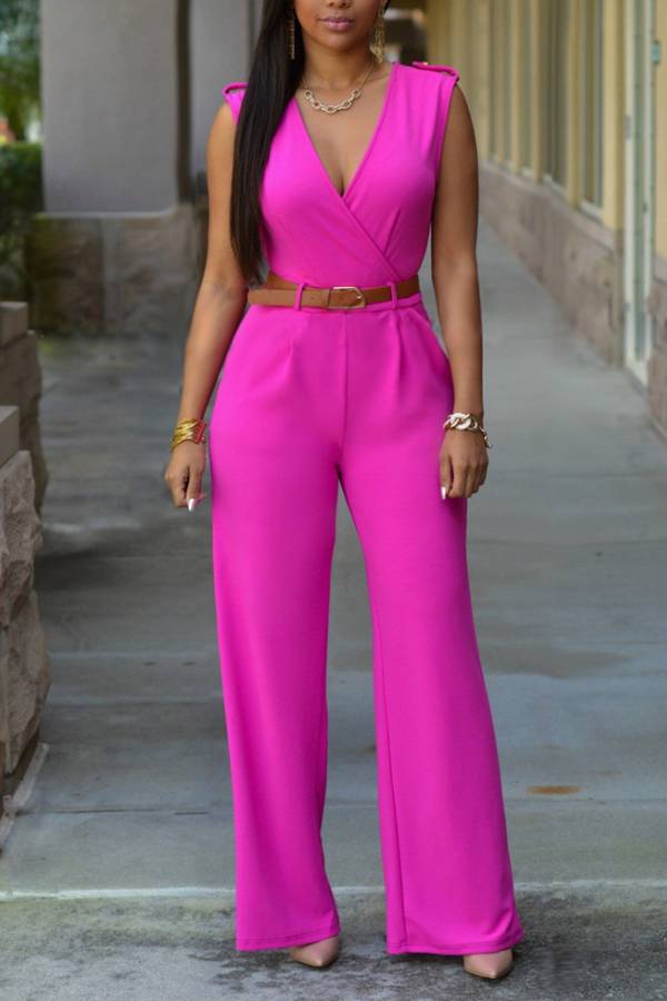 Deep V Sleeveless Waisted Wide-Leg Jumpsuit