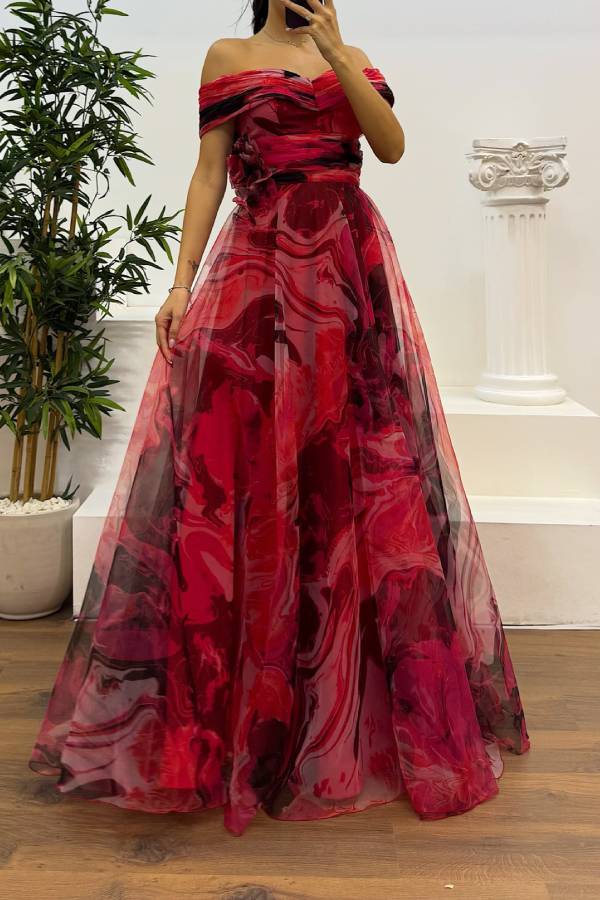 Boat Neck Tulle Evening Dress