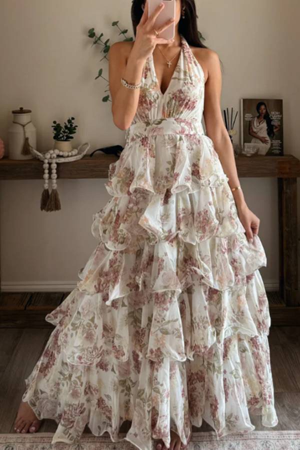 Multi-Color Floral Halter Backless Ruffle Tiered Maxi Dress