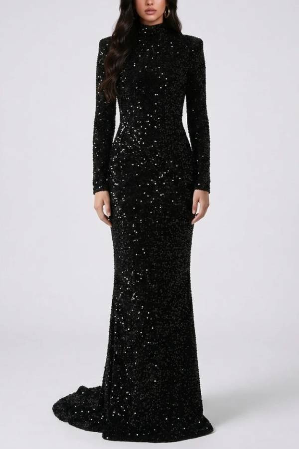 Black Sequin High Neck Long Sleeve Mermaid Maxi Evening Dress